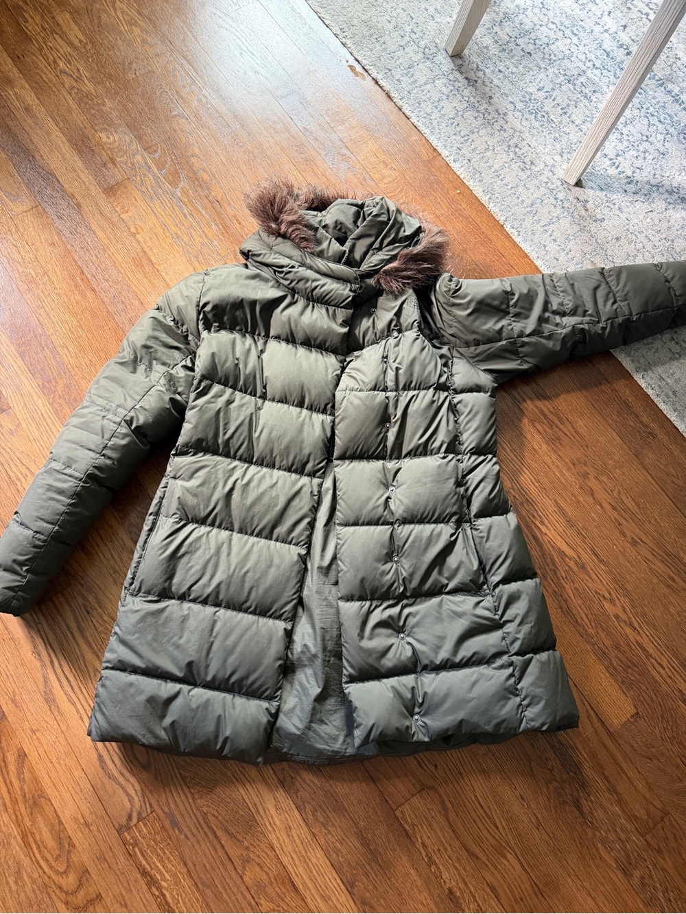 The North Face Olive Green Long Puffer Coat with Faux Fur Hood